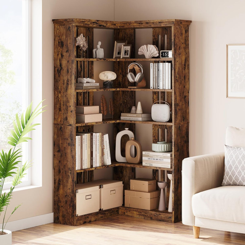 Duanna Farmhouse Bookshelf Corner Bookcase 72.8” Large Bookcase Wood Bookshelf Tall L Shaped Bookshelf 5 Tier Corner Shelf Display Rack Etagere Shelf Storage For Office Bedroom (Half Panel, Retro)