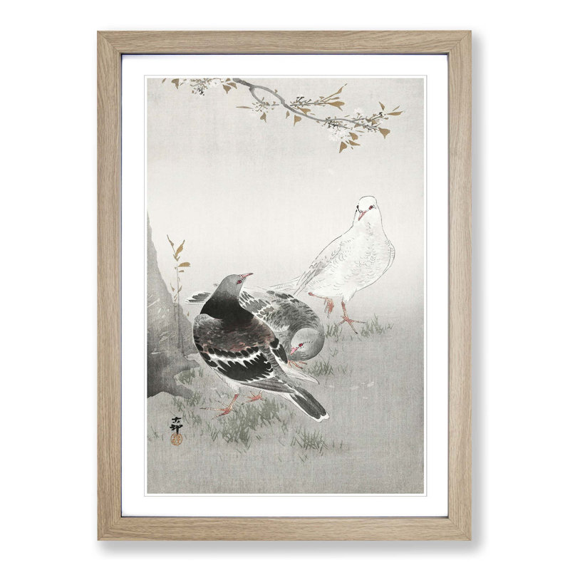 Three Pigeons by Ohara Koson - Framed Print, 65cm H x 48cm W x 2cm D, Oak Framed