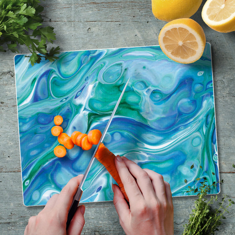 Ocean Vibe Blue and Green Tempered Glass Cutting Board 10" x 8"
