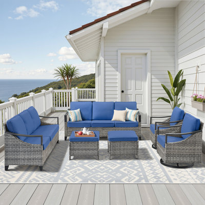 Ensemble de 6 meubles de patio pour l'extérieur, 2 canapés 3 places en rotin toutes saisons, ensemble de chaises pivotantes coulissantes de 2, et repose-pieds multifonctionnels, ensembles de conversation de patio pour porche, patio, bord de piscine, balcon, cour arrière