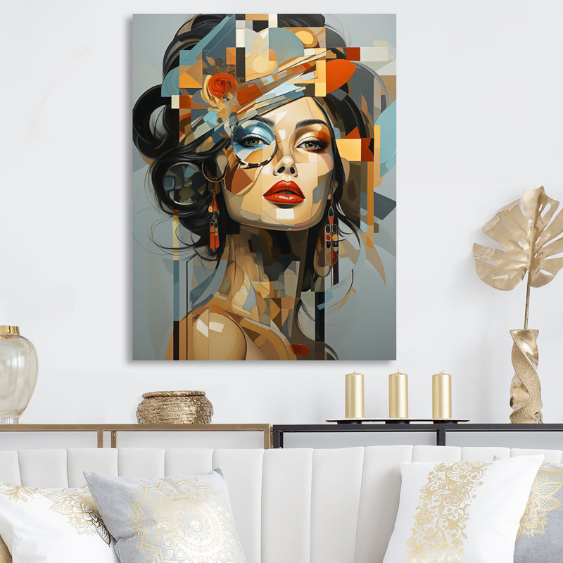 Glam Harmonious Cubist Woman Portrait I - mode, impressions murales en métal, H 20 po x l 12 po