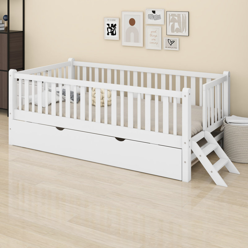 Wood Platform Bed Featuring Guardrail And Trundle, White