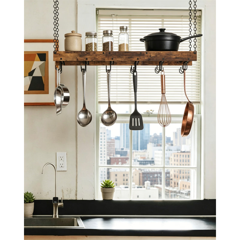 Support à casseroles suspendu de style industriel, fixation au plafond ou au mur avec 18 crochets pour le rangement de la batterie de cuisine