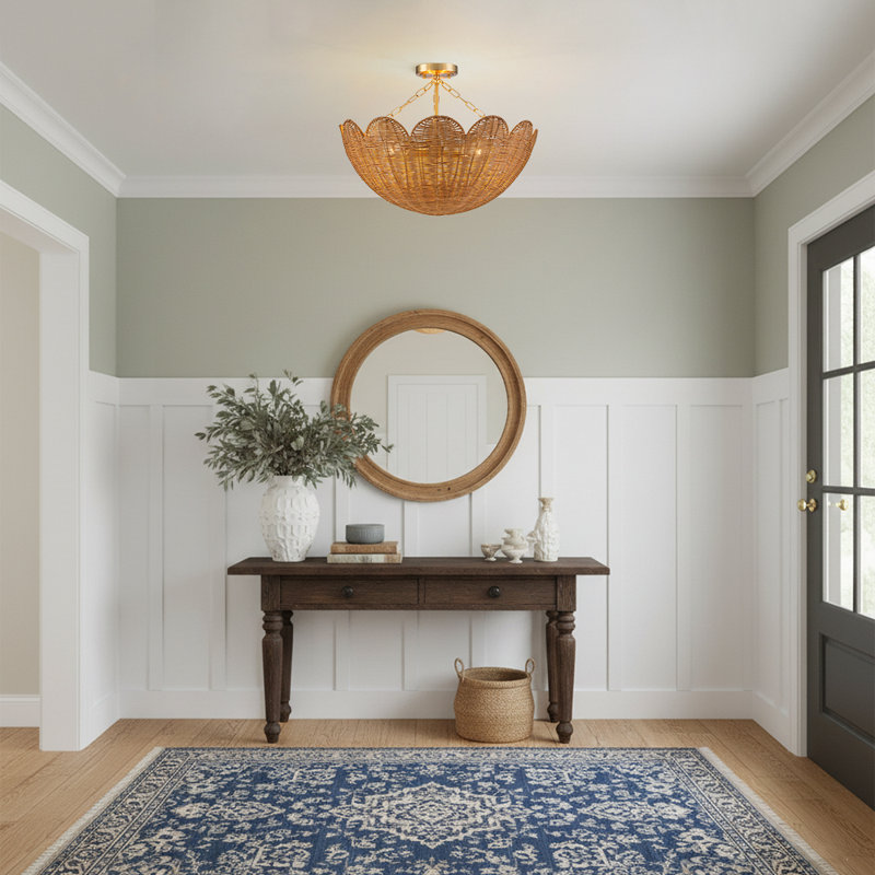 3-Light Rattan Flower-Shape Semi-Flush Mount