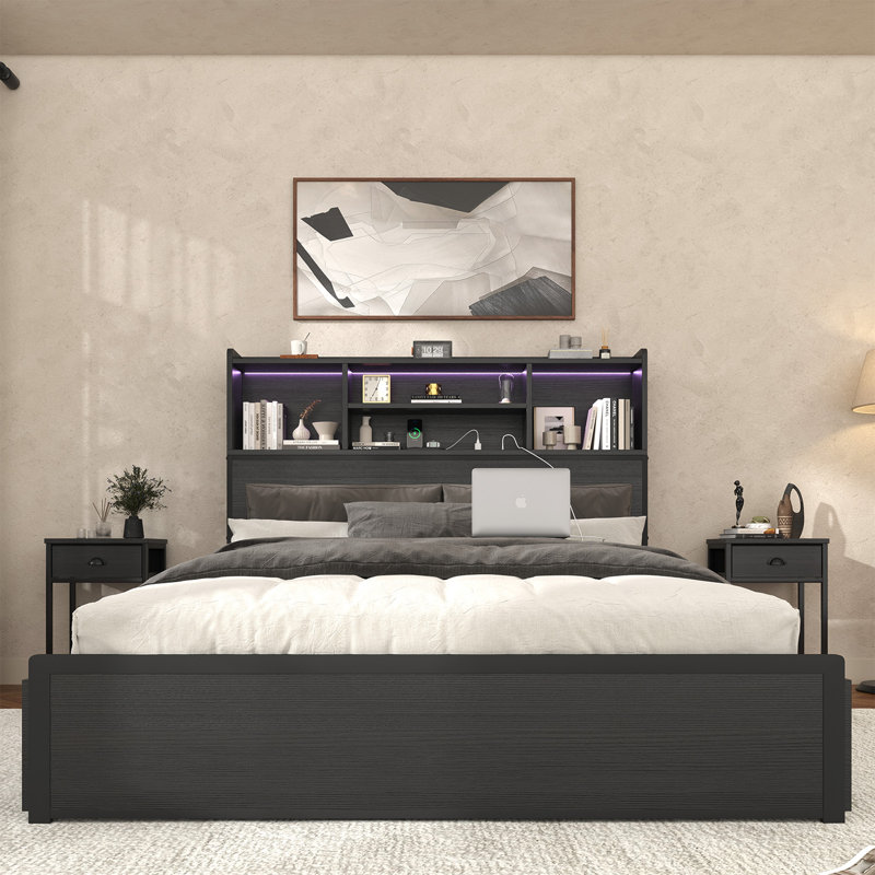 Platform Bed Frame With 4 Under‑Bed Storage Drawers, Storage Headboard With Pull Out Nightstands, Charging Station & Rgb Led Lights, No Box Spring Required