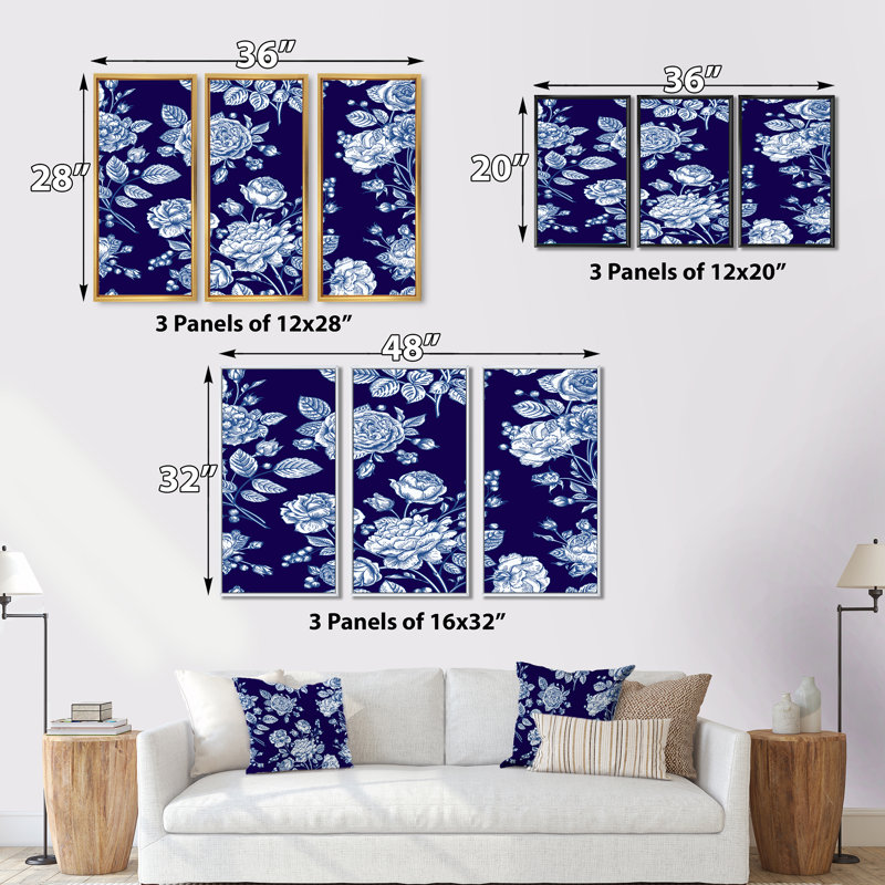 «Light Blue Roses On Dark Blue», 3 pièces, cadre flottant, impression sur toile, Cadre noir, L 48 po x H 32 po