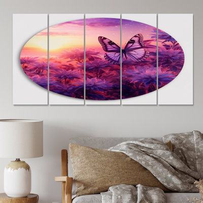 «Pink Butterfly Wonderful Sunset», art mural animaux sur toile - 5 panneaux égaux
