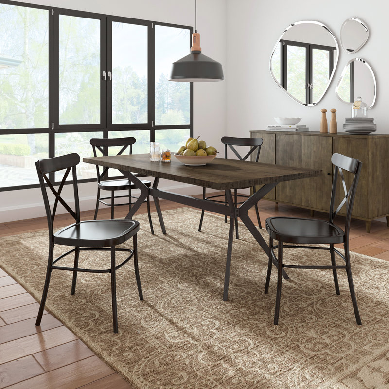 Devan 70" Iron Metal Base Dining Table And X-Back Metal Chairs Set - Table And 4 Chairs, Black, Gray