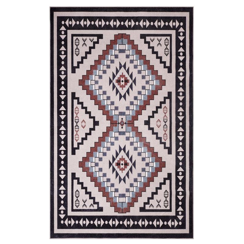 Southwestern Tribal Geometric Washable Area Rug in Beige/Terracotta, Rectangle 5' x 7'