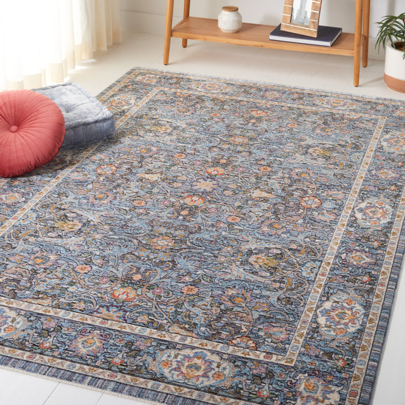 Tapis oriental en polyester tissé à la machine en bleu / ivoire, Rectangle 4 pi x 6 pi