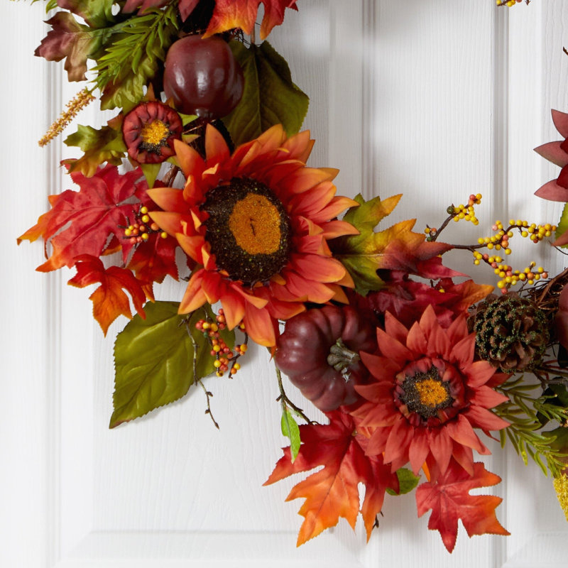 Autumn Sunflower Pumpkin Pinecone and Berries Wreath