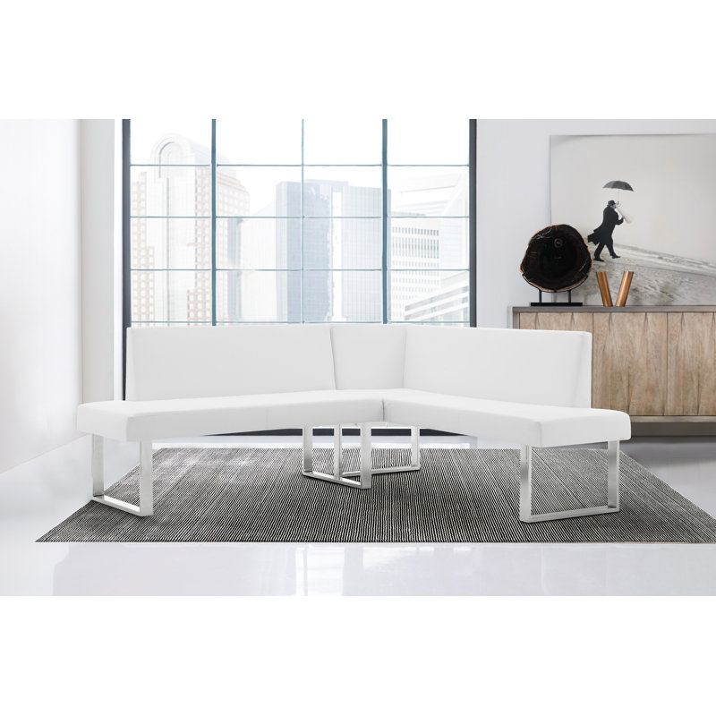 Darcie 2-Piece Contemporary Corner Sofa in Faux Leather and Chrome Metal, White Faux Leather