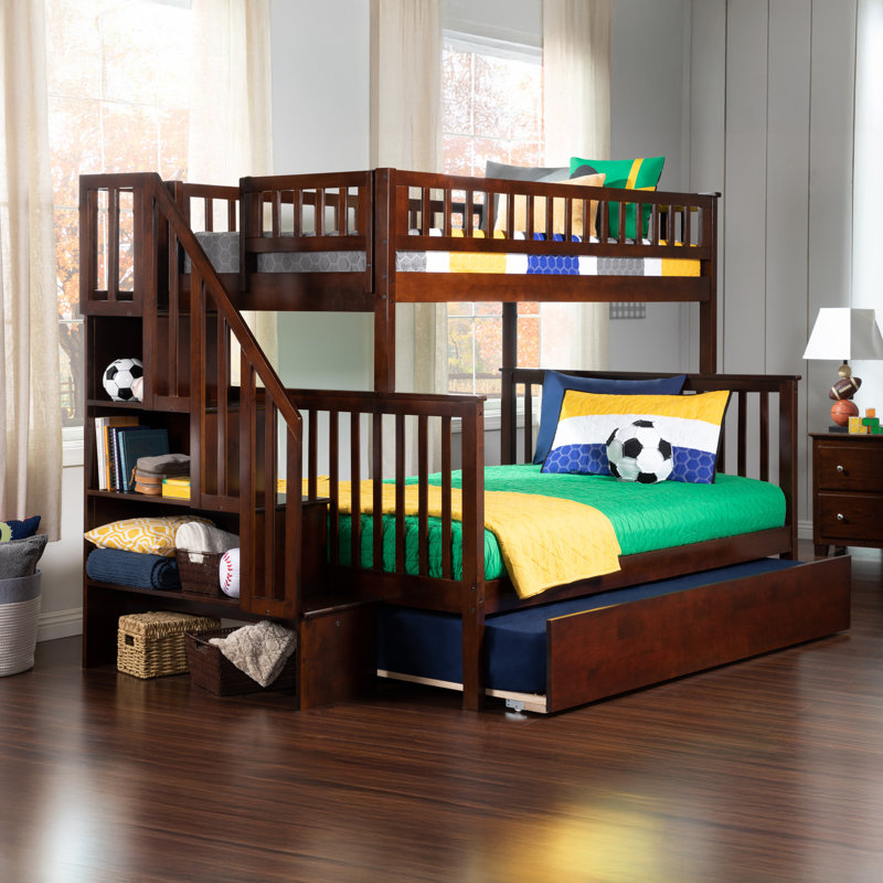 Nala Kids Staircase Bunk Bed with Trundle Bed, Walnut, Twin Over Full