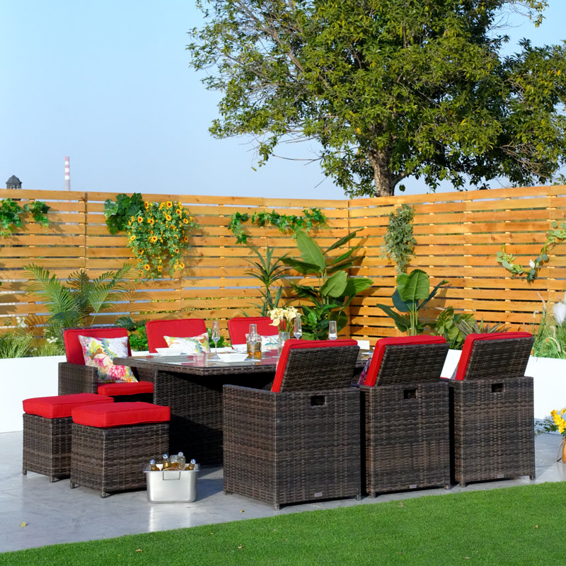 10 - Person Wicker Patio Dining Set with Rectangular Table , Cushions Included, Brown, Red