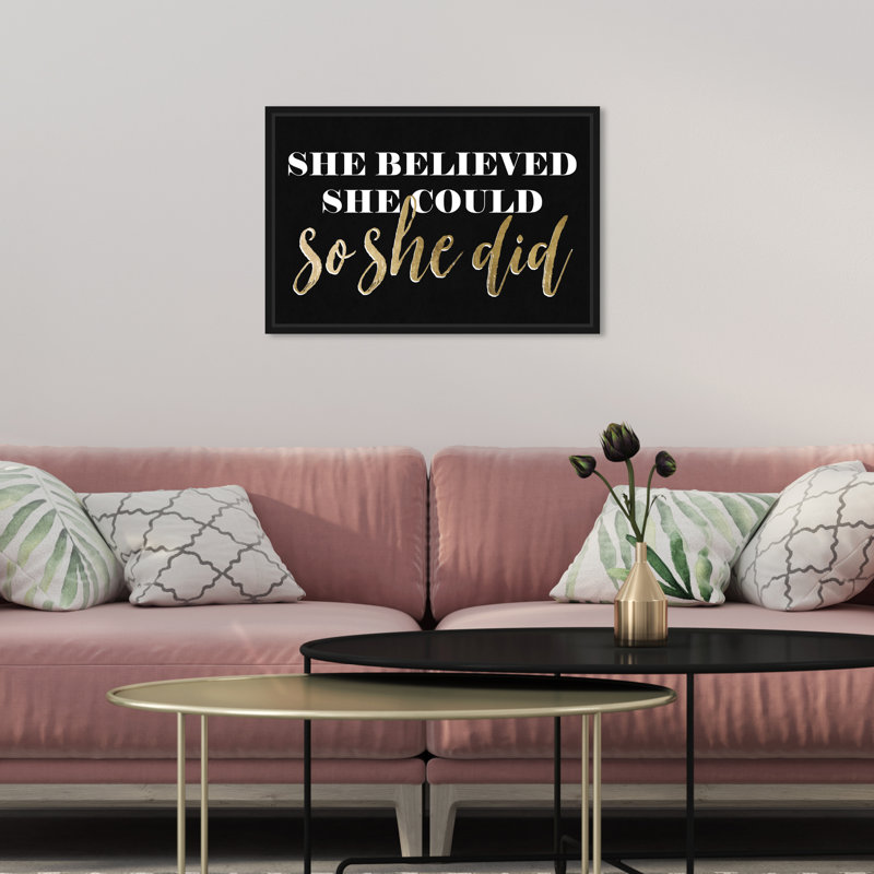 «Typographie and Quotes So She Did Black», art textuel sur toile, Toile avec cadre noir, H 10 po x l 15 po