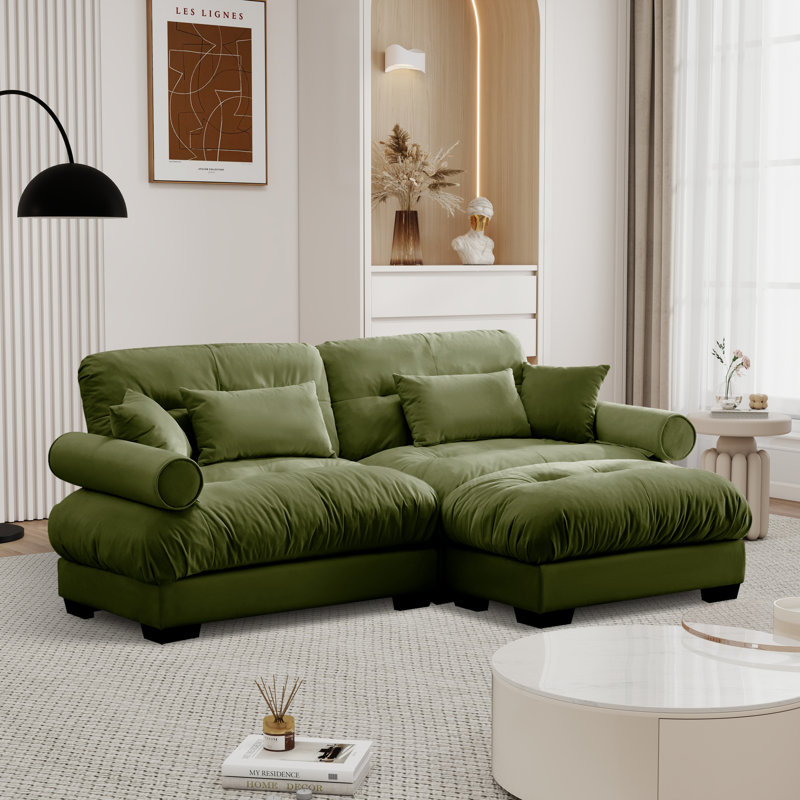 Over Size Modern Upholstered Sofa With Ottoman, Olive Green Velvet
