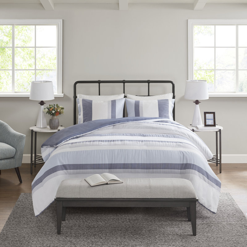 Full/Queen Blue Striped Jacquard Duvet Cover Set