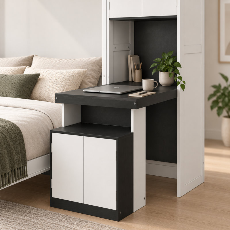 Lit escamotable Deskvora (taille standard) avec bureau intégré, étagères et placards de rangement réversibles, blanc, gain de place, structure en bois massif et MDF, sommier à lattes en pin.