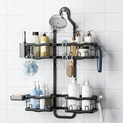 Aluminum Alloy Shower Caddy – Silver – No-Drill Over-Showerhead Hanging Organizer With 2 Levels, Hooks, Razor & Soap Holder
