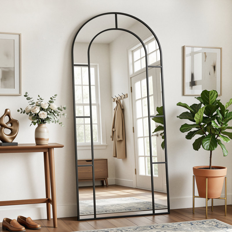 Full Length Mirror, Floor Mirror Arched Window Pane Decorative Mirror, Metal Framed Decor Farmhouse Floor Mirrors Art Pane Mirrors Wall Decor
