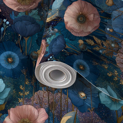Papier de contact à peler et coller Papier de luxe galaxie botanique fantaisie Fleurs lunes auto-adhésif et amovible 24 po x 118 po (60 x 300 cm)