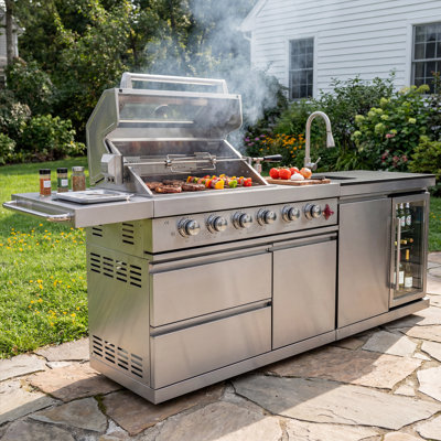 Brixx 2-Piece Modular Outdoor Kitchen Island Set with 6-Burner Grill, Refrigerator and Sink