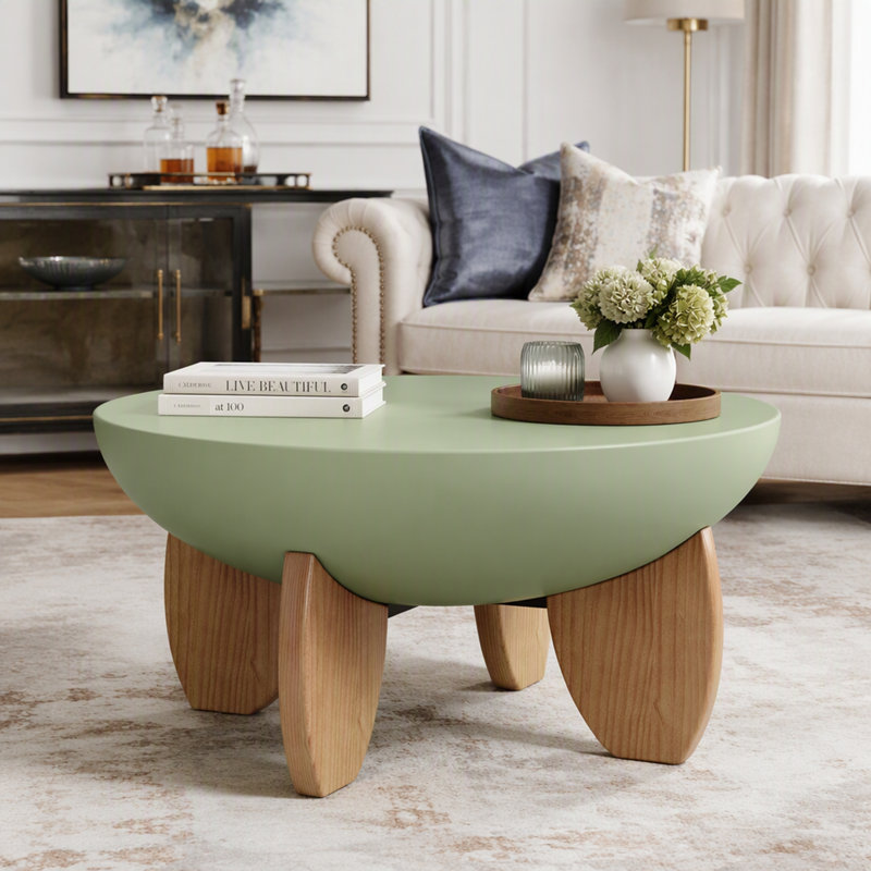 Table basse en forme de bol avec pieds en bois massif, plateau lisse peint, montage facile, style milieu du siècle, idéale pour les petits espaces (salon, appartement), vert sauge et noyer.