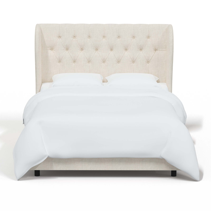 Lit tapissier capitonné standard à profil bas Tomey, Double, Lin blanc texturé Zuma