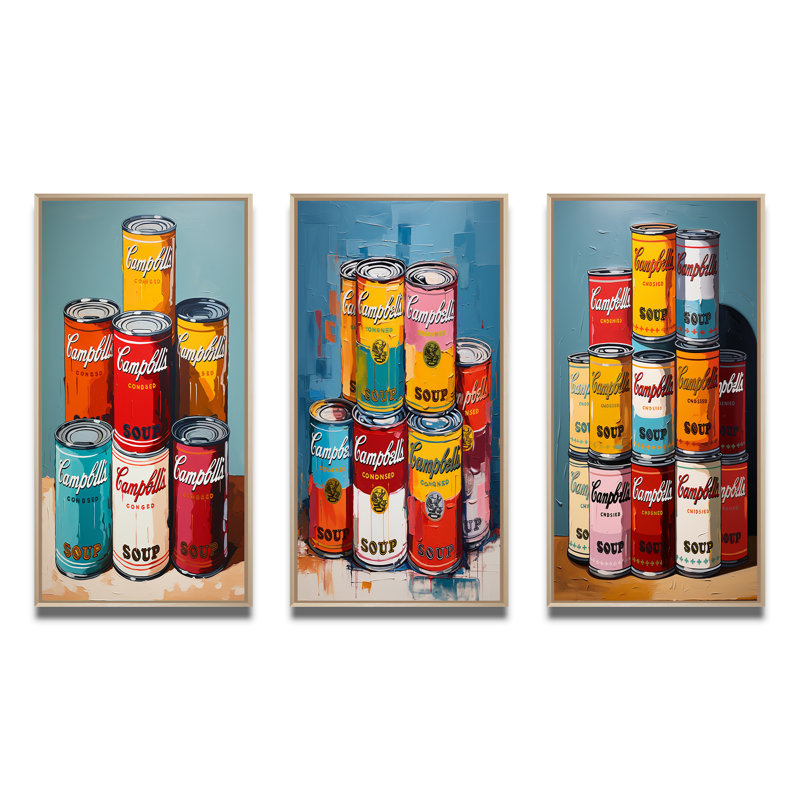 «Pop Art Campbells Soup», 3 pièces sur toile, Cadre naturel flottant, H 40 po x l 60 po