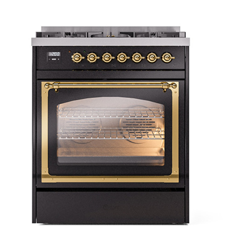 ILVE Nostalgie II Noblesse 30 in Dual Fuel Range, Liquid Propane, Glossy Black/Brass
