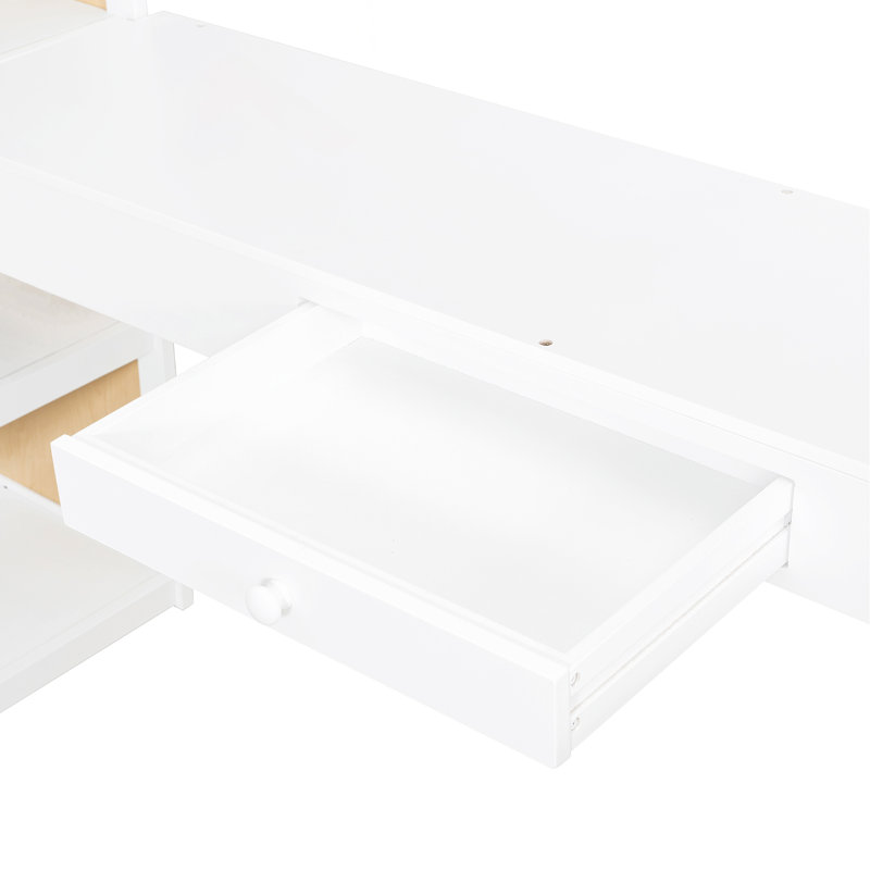 Lit mezzanine simple avec échelle, tablettes et bureau, blanc