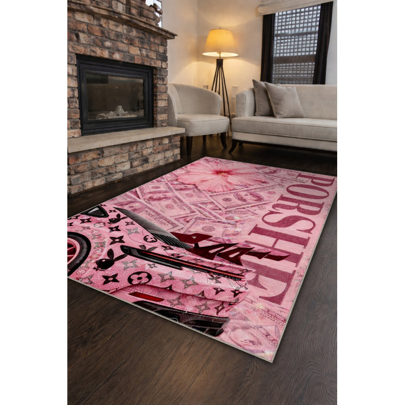 Tapis rose tissé à motif floral lavable Mosso, 4'11" x 7'7"