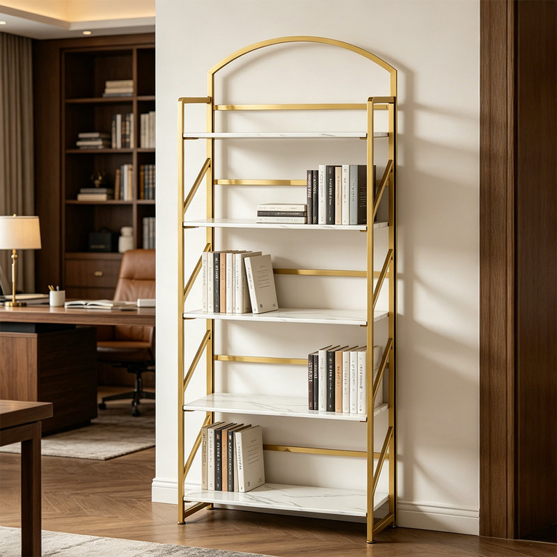Arched Bookshelf, 5 Tier Folding Bookcase Storage Organizer, No Assembly Book Shelf, White/Gold