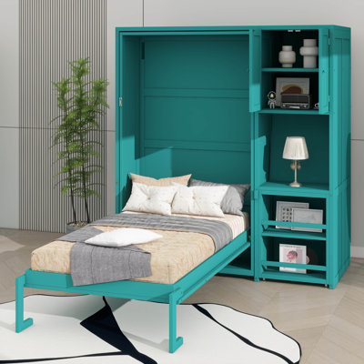 Twin Size Rotating Wall Murphy Beds With A Bookshelf, An Upper Cabinet, An Extendable Desk, And Side Storage Units