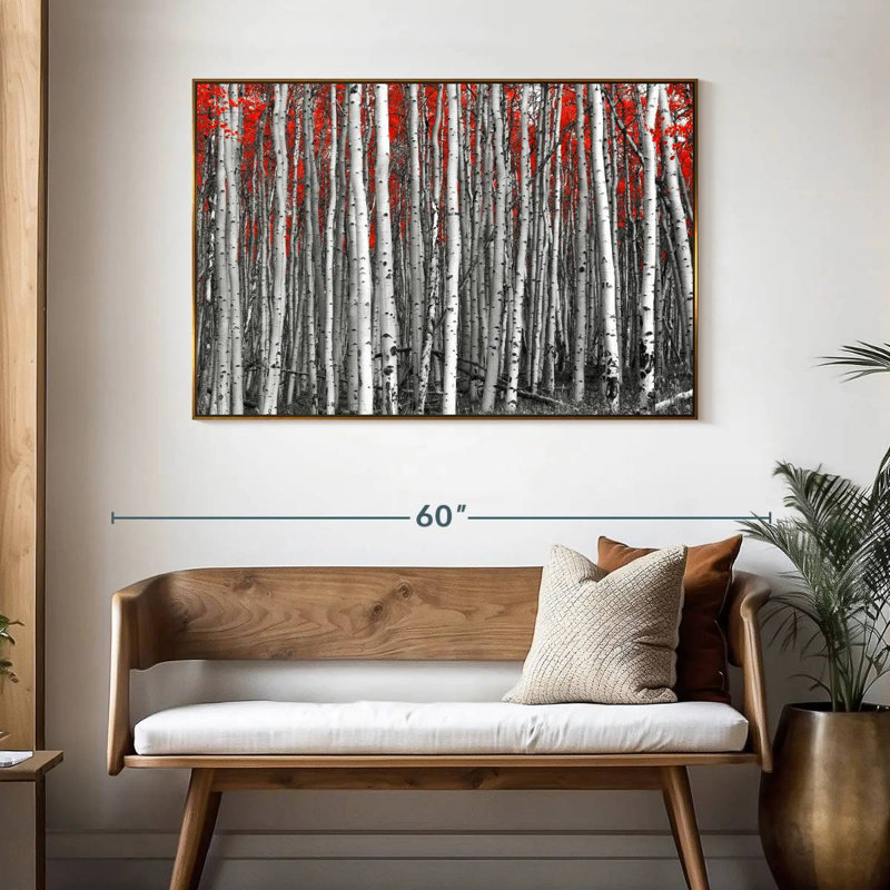 Forêt de bouleaux rouges, 46 po x 31 po, Cadre flottant doré