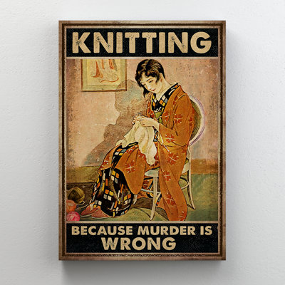 «Girl Knitting On Chair» - Toile tendue avec une toile tendue à la main - Illustration de personnes, décor de salon brun et noir
