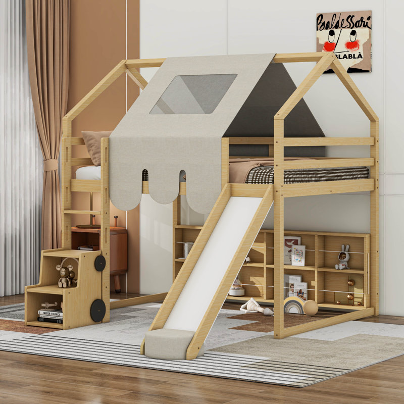 Lit mezzanine avec structure en forme de maison et tente, Naturel / Beige, Double
