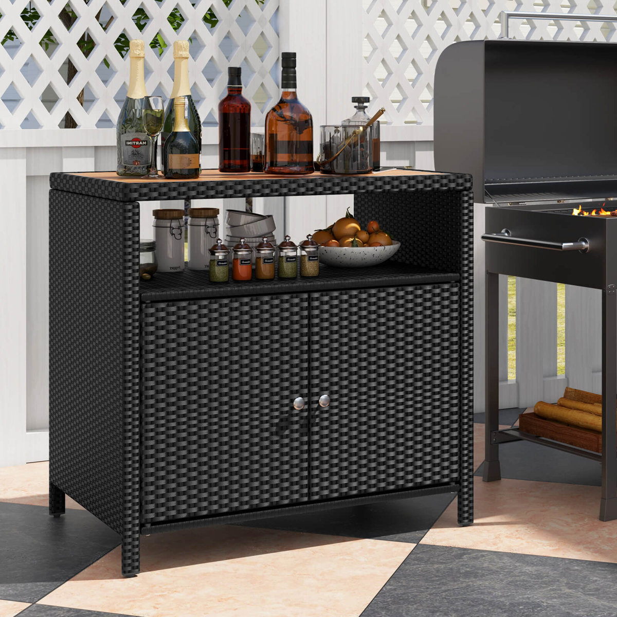 Latitude Run® Patio Storage Cabinet With Acacia Wood Countertop Open Shelf 2 Door Cabinet