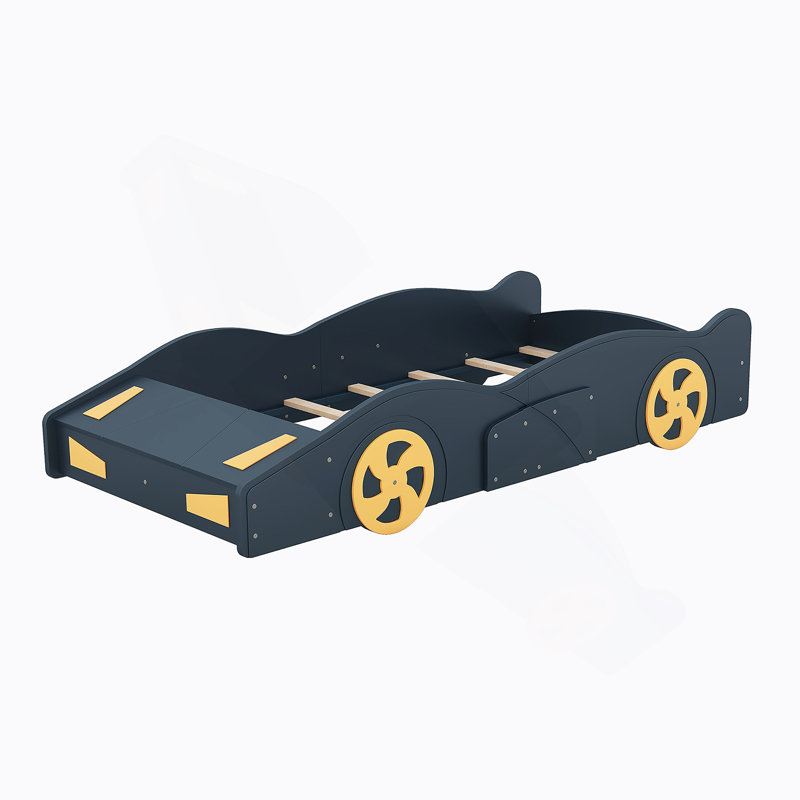 Twin Size Race Car-Shaped Platform Bed with Wheels and Storage, Dark Blue