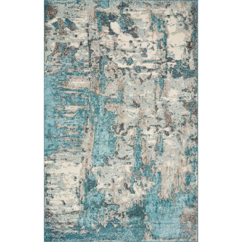Tapis ivoire / bleu sarcelle abstrait rectangulaire en polypropylène tissé à la machine 8 pi x 10 pi