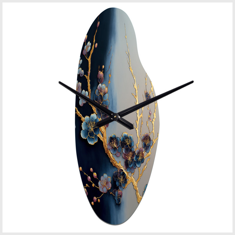 Blue Cherry Blossom Branch II - Bonsai, horloges asymétriques en métal, horloge murale bleue, Médium