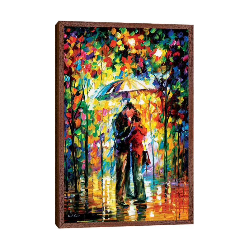 Kiss In The Park by Leonid Afremov - Painting on Canvas, Classic Brown Wood Framed Canvas, 66.04 cm H x 45.72 cm W