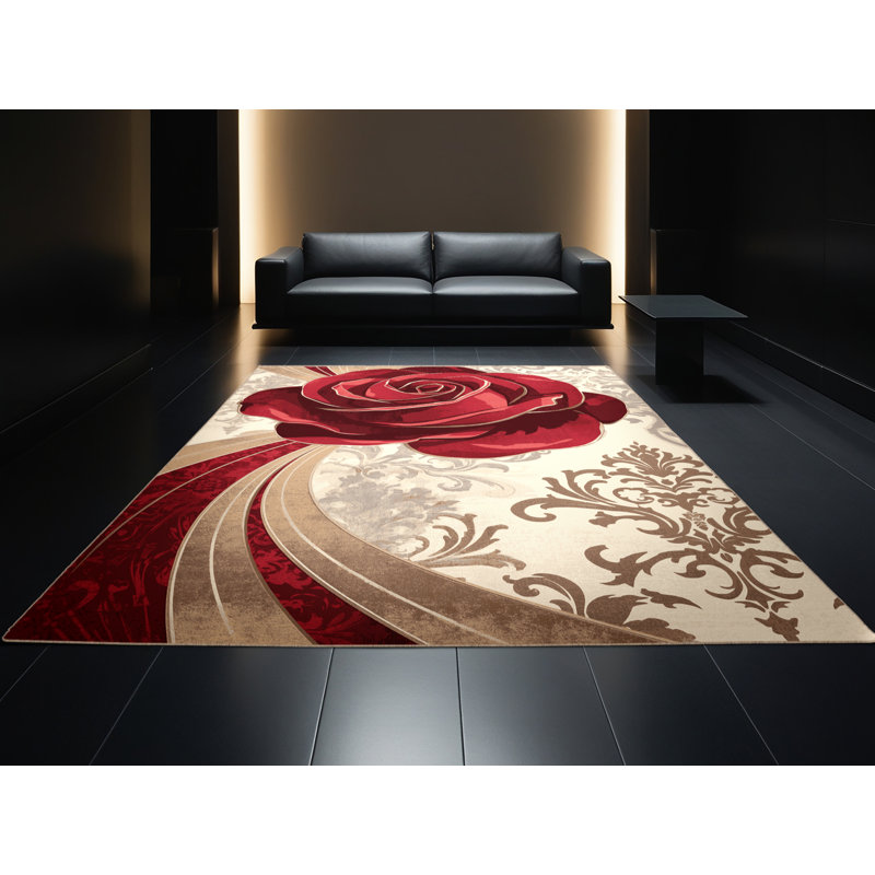 Machine Washable Paesyn Red Rose Ornate Glam Damask Rug in Red – Beige Binding, 8x10
