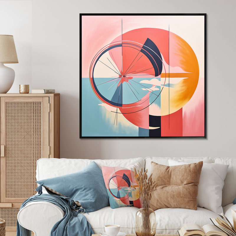 «Abstract Sunrise Midcentury Landscape», reproduction sur toile, Cadre flottant noir, H 36 po x l 36 po x P 1,5 po