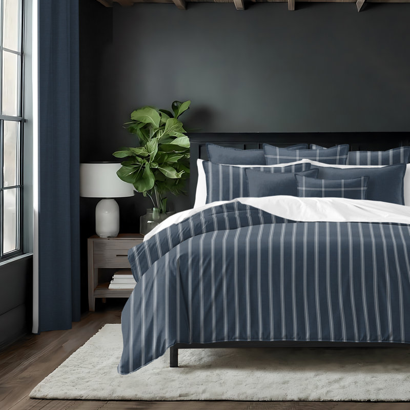 Shay Broad Ticking Stripe Dark Denim Cotton Comforter Set  8 Piece, Queen Comforter + 7 Additional Pieces