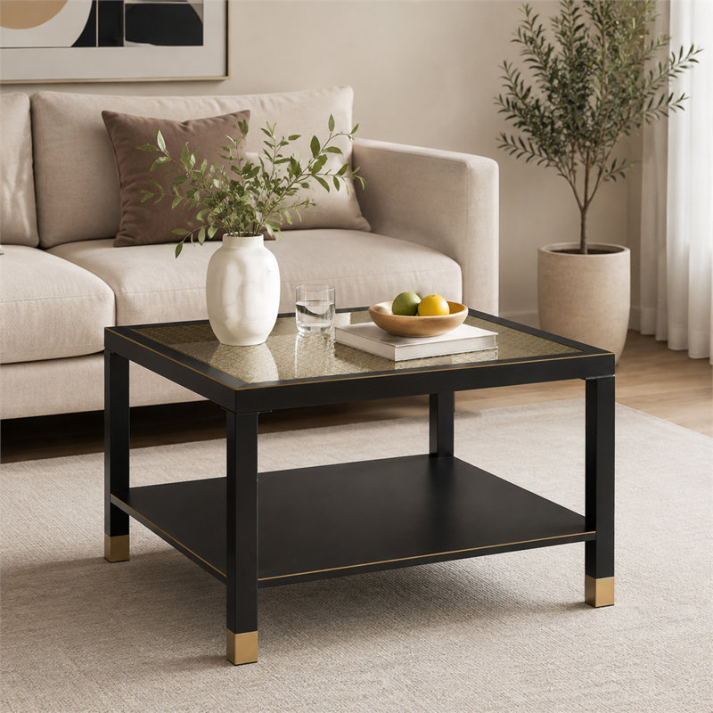 Table basse carrée de style industriel de 27,66 pouces avec structure en acier noir mat et verre trempé en maille dorée: une table basse de salon luxueuse
