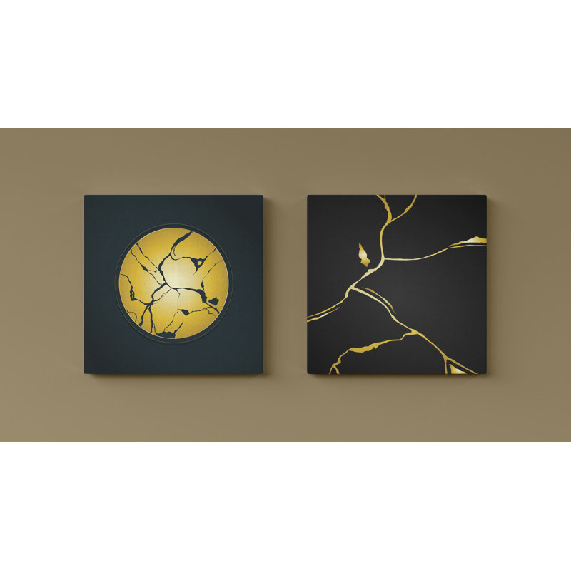 Ensemble de 2 toiles élégantes, dorées et noires, 11,8 x 11,8 po | 100% toile avec cadre 100% bois | Parfait pour la décoration intérieure, le salon et le bureau, le design élégant et contemporain