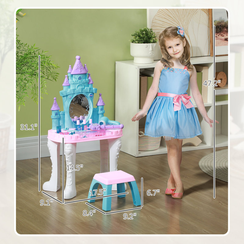 Qaba Kids Vanity Set with Mirror and Stool, Castle Design Makeup Table with Light, Music, Hair Dryer, 18 Accessories, Girls Pretend Play Toys for 3-6 Years, Multicolor