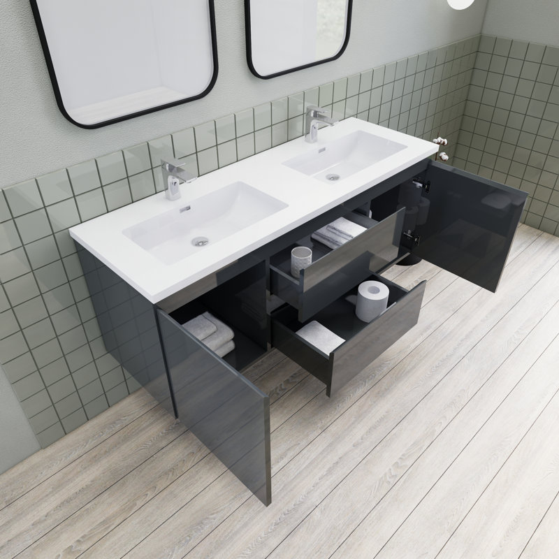 Alcester 59.2'' Double Bathroom Vanity with Resin Top, Gloss Gray