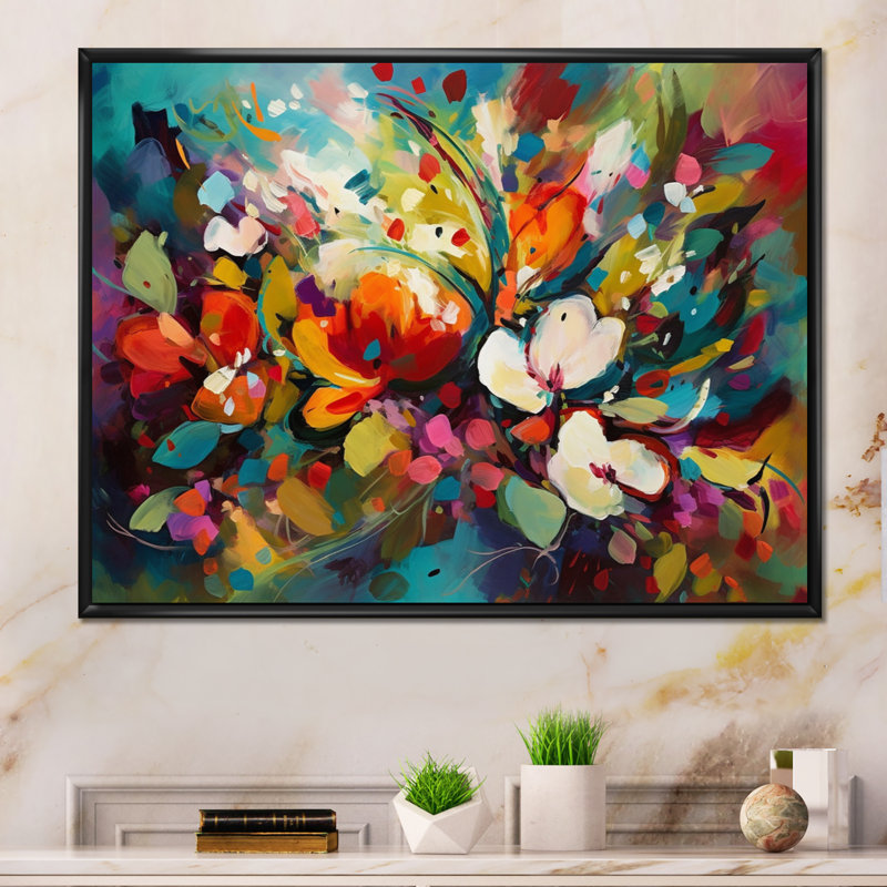 Rynette Red Vibrant Garden Symphony III - Art mural floral, H 24 po x l 32 po x P 1 po, Cadre flottant noir